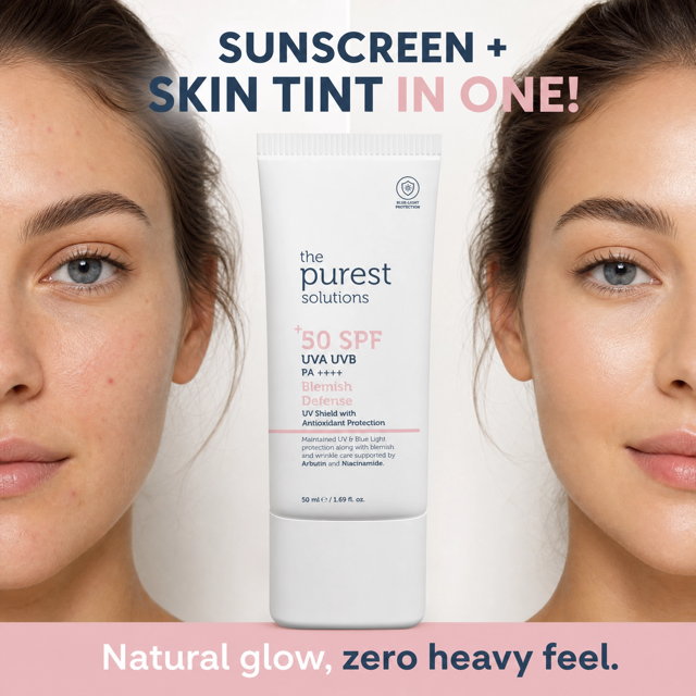 The Purest Solutions ad creative: SPF and skin tint, before/after