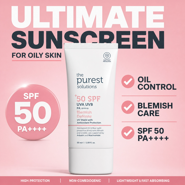The Purest Solutions ad creative: SPF for oily skin, benefits list